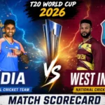 India National Cricket Team vs West Indies Cricket Team Match Scorecard T20 World Cup 2026 poster with India and West Indies players facing each other