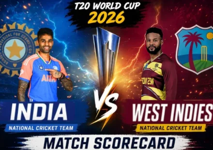 India National Cricket Team vs West Indies Cricket Team Match Scorecard T20 World Cup 2026 poster with India and West Indies players facing each other