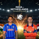 India National Cricket Team vs Netherlands National Cricket Team Match Scorecard during ICC Men’s T20 World Cup 2026 match with players celebrating on cricket stadium background