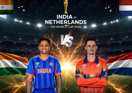 India National Cricket Team vs Netherlands National Cricket Team Match Scorecard during ICC Men’s T20 World Cup 2026 match with players celebrating on cricket stadium background