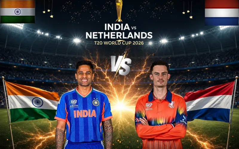 India National Cricket Team vs Netherlands National Cricket Team Match Scorecard during ICC Men’s T20 World Cup 2026 match with players celebrating on cricket stadium background