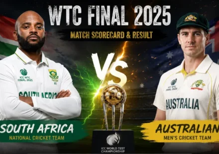South Africa National Cricket Team vs Australian Men’s Cricket Team Match Scorecard WTC Final 2025 poster showing players and match details