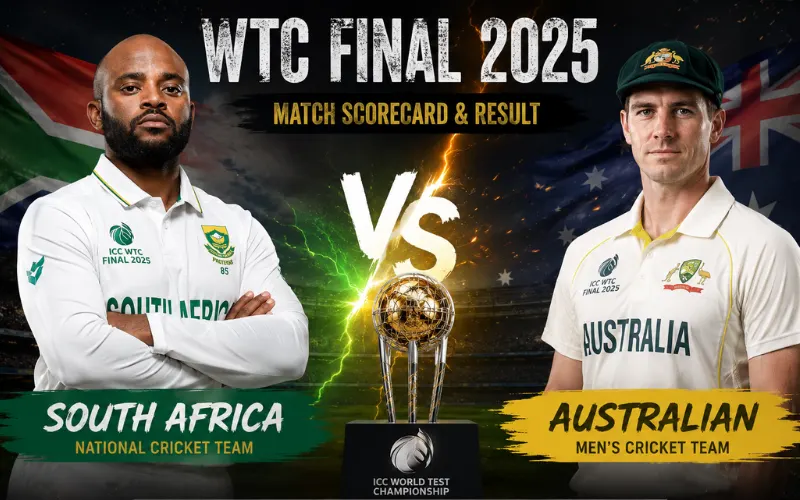 South Africa National Cricket Team vs Australian Men’s Cricket Team Match Scorecard WTC Final 2025 poster showing players and match details
