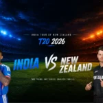 India National Cricket Team vs New Zealand National Cricket Team Match Scorecard T20 2026 stadium background poster