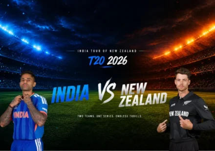 India National Cricket Team vs New Zealand National Cricket Team Match Scorecard T20 2026 stadium background poster