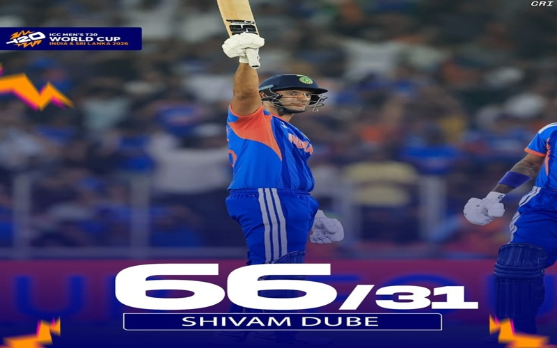 India National Cricket Team vs Netherlands National Cricket Team Match Scorecard image featuring Shivam Dube celebrating his explosive 66 runs off 31 balls during ICC Men’s T20 World Cup 2026