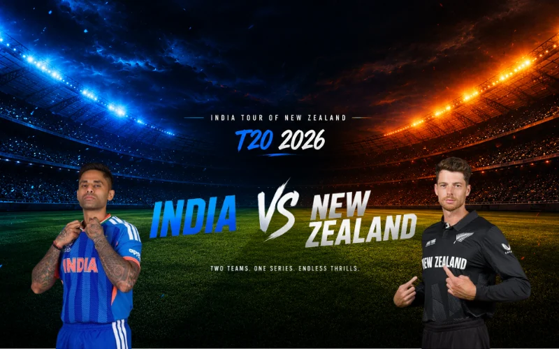 India National Cricket Team vs New Zealand National Cricket Team Match Scorecard T20 2026 stadium background poster